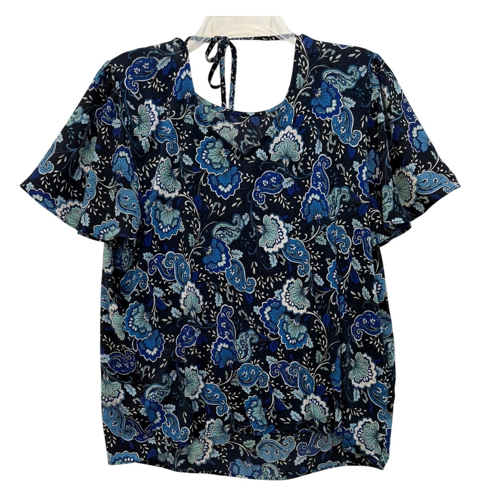LOFT‎ Blue Paisley Floral Flutter Sleeve Tie Back Top Size Medium